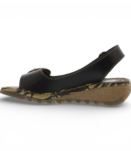 Fly London Women's TRAM723FLY Black Leather Wedge Sandals