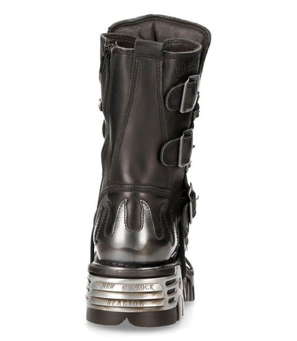 Back view of New Rock 591-S2 boot showing silver heel logo badge