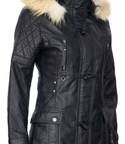 Womens Quilted Leather Parka Jacket-Brussels - Black