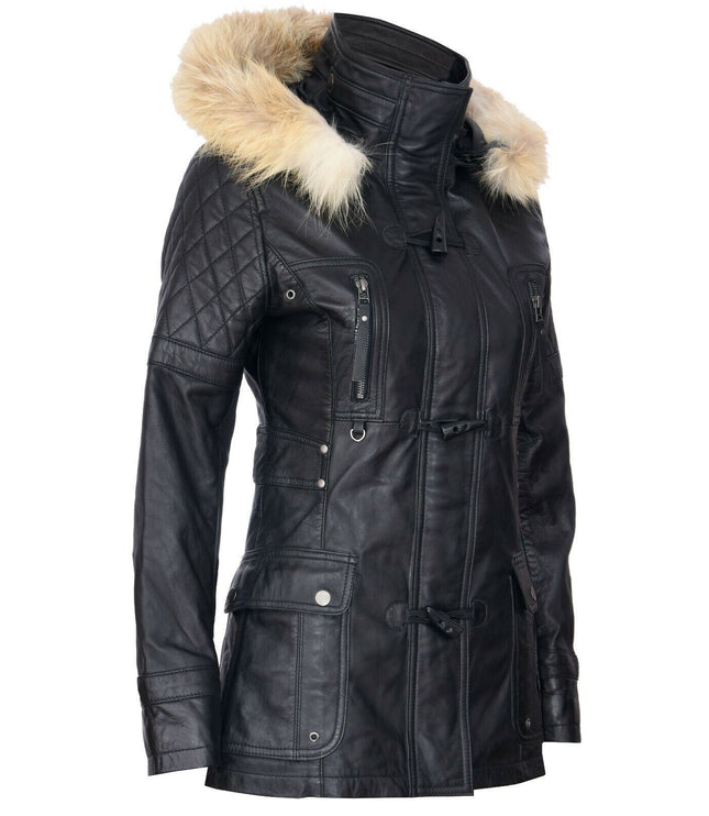 Womens Quilted Leather Parka Jacket-Brussels - Black