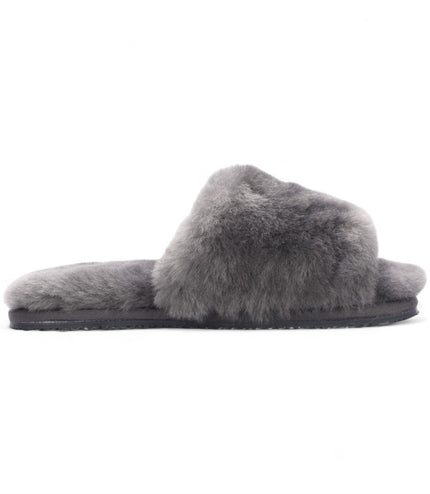 Women's Sheepskin Slippers Grey Warm Winter Fur Sliders - Nordic