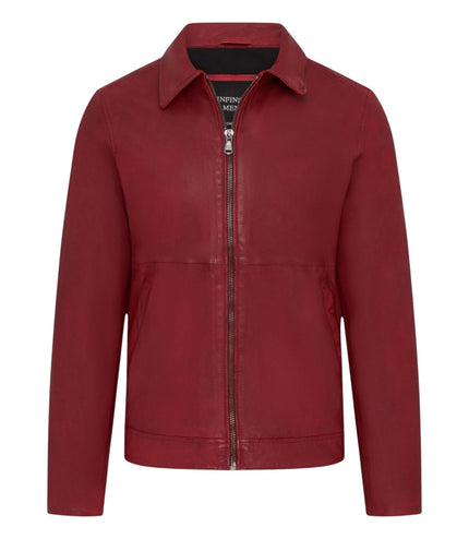 Mens Leather Red Harrington Collar Biker Jacket - Alpha