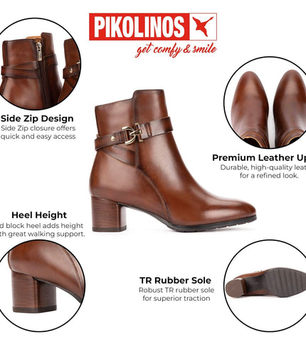 Pikolinos Women's Brown Leather Ankle Heeled Boots - Calafat