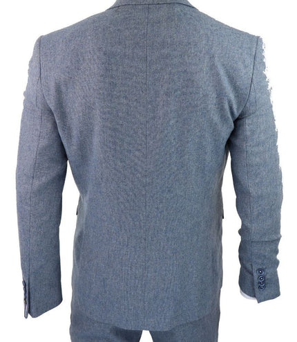Mens 3 Piece Light Blue Tweed Tailored Fit Retro Classic Suit