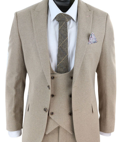Mens Tweed 3 Piece Beige Formal Wedding Suit