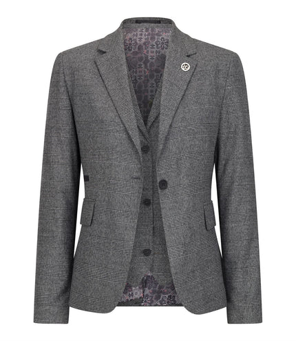 Women's Grey Three-Piece Tailored Fit Suit in Prince of Wales Check