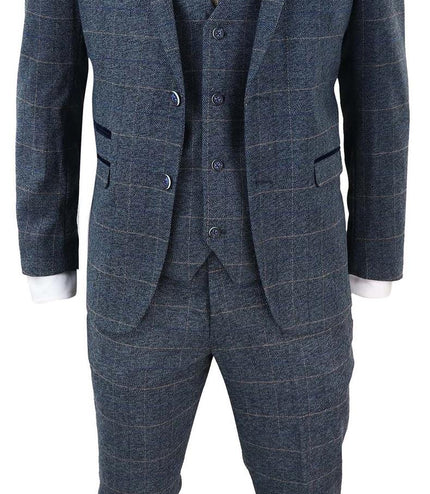 Mens 3 Piece Blue Tweed Check Vintage Suit
