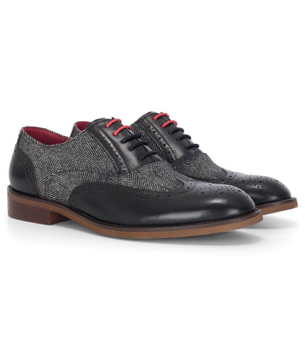 Justin Reess Men's Black Leather Tweed Brogue Shoes - Albert