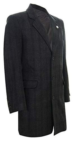 Mens 3/4 Long Wool Black Check Overcoat Jacket Blinders Trench Slim Fit Coat