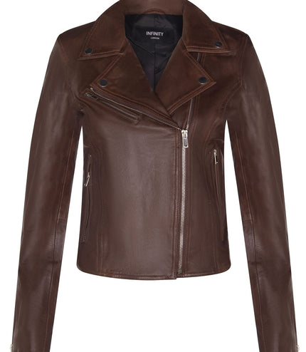 Womens Leather Classic Biker Brando Jacket-Baku - Brown