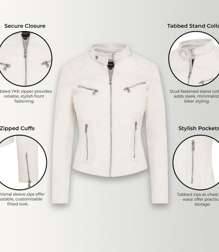 Womens Slim-Fit Leather Biker Jacket-Maldon - White