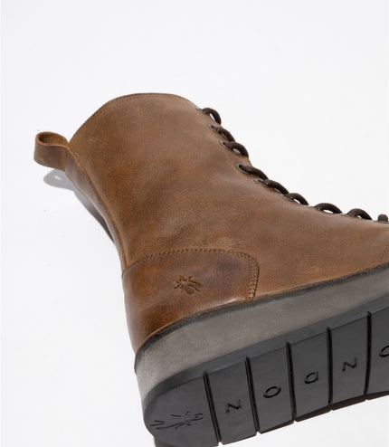 Fly London Womens Tan Rami043 Casual Leather Lace-Up Ankle Dress Boots