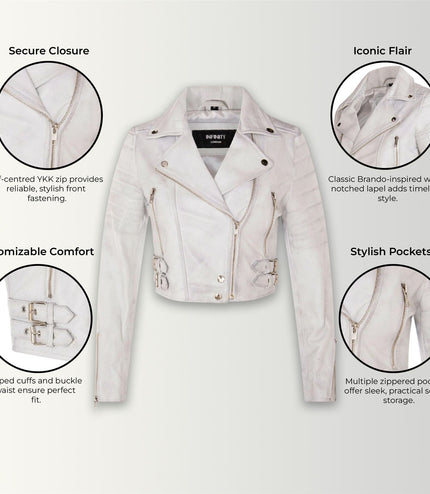 Womens Cropped Brando Leather Biker Jacket-Damascus - White