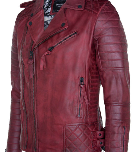 Mens Slim-Fit Double Zip Brando Leather Biker Jacket-Cairo - Burgundy