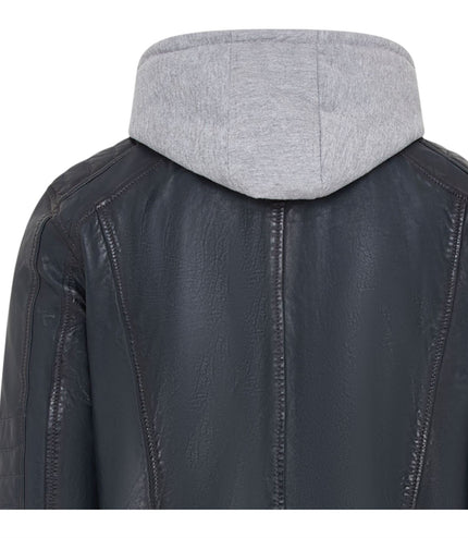 Men's Hooded Biker Lamb Leather Jacket - Burten - Navy
