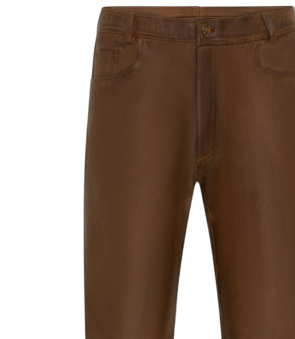 Mens Brown Lamb Leather 501 Biker Jeans - Istanbul