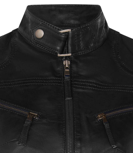 Womens Slim-Fit Leather Biker Jacket-Maldon - Black