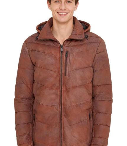 Men's Tan Brown Leather Quilted Jacket Hooded Puffer Winter Coat - Olyic