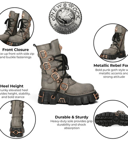 New Rock Grey Brown Leather Gothic Mid-Calf Biker Boots - M-373XL-C119
