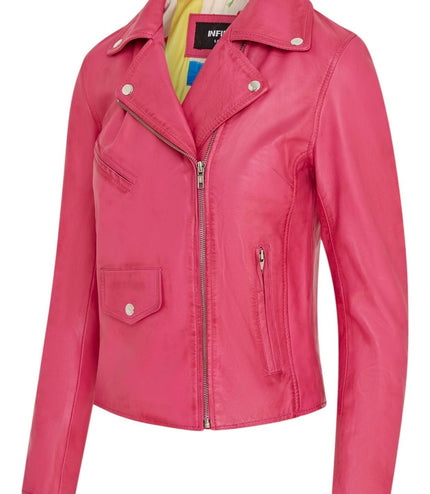 Women's Classic Brando Biker Leather Jacket - Broome - Fuschia