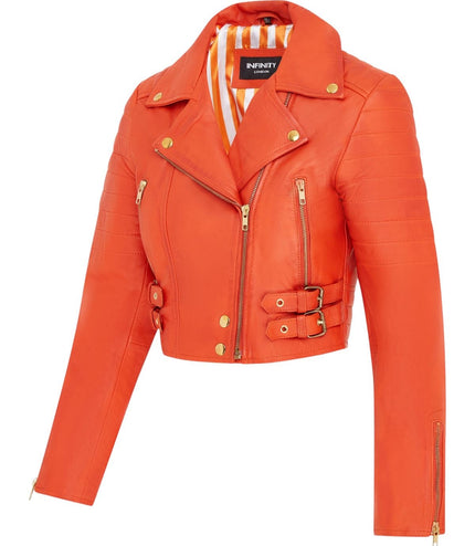 Womens Orange Cropped Brando Leather Biker Jacket-Longtown