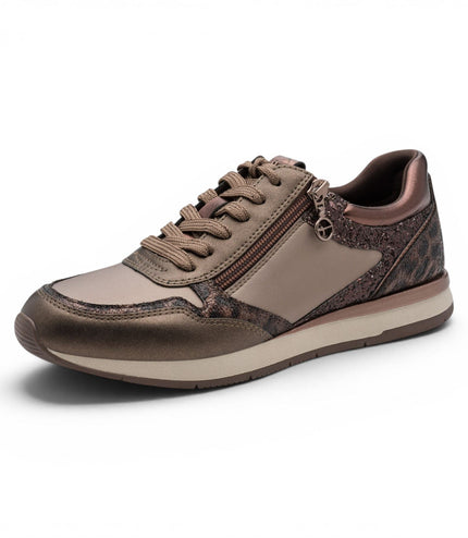 Tamaris Womens Taupe Faux Leather Fashion Lace Up Sneakers - 23613-46