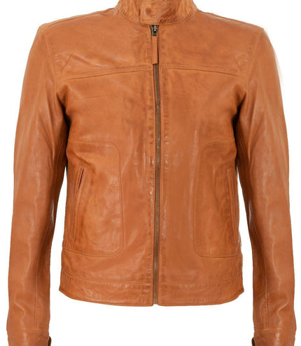 Men's Classic Fitted Leather Biker Jacket-Austin - Tan