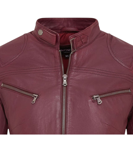 Womens Slim-Fit Leather Biker Jacket-Maldon - Burgundy