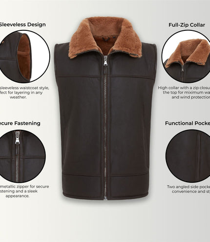 Men's Sheepskin Leather Gilet Aviator B3 Shearling Bomber Vest Waistcoat - Ginger Brown