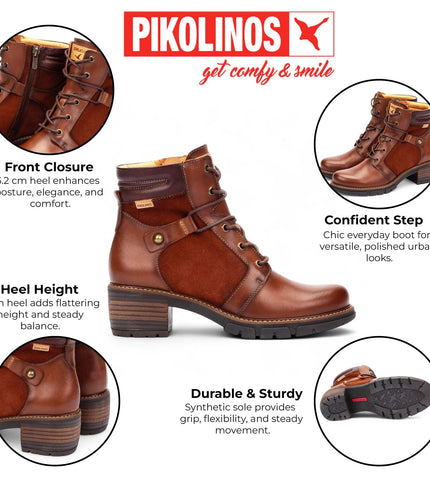 Pikolinos Women's Cuero Brown Leather Zip & Lace Up Heel Ankle Boots - San Sebastia