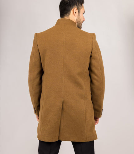 Men's Tan Stand Collar Wool Blend Overcoat