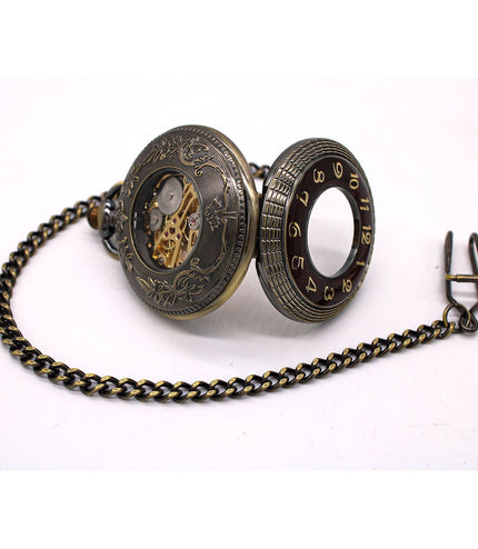 Antique Gold Wooden Half-Hunter Skeleton Alloy Pocket Watch