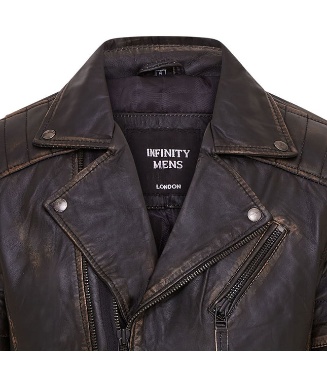 Mens Slim Fit Brando Style Double Cross Zip 100% Leather Biker Jacket - Vintage Black