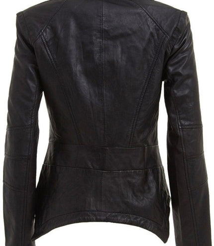 Womens Detachable Collar Leather Biker Jacket-Rosario