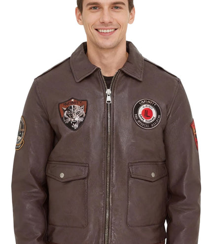 Men's Brown Leather Bomber G-1 Aviator Collar Jacket  - Maverick