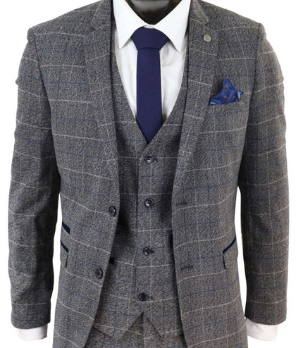 Mens 3 Piece Grey With Blue Check Vintage Classic Suit