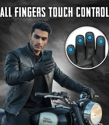 Men's Thermal Motorbike Black Leather Waterproof Biker Protection Gloves