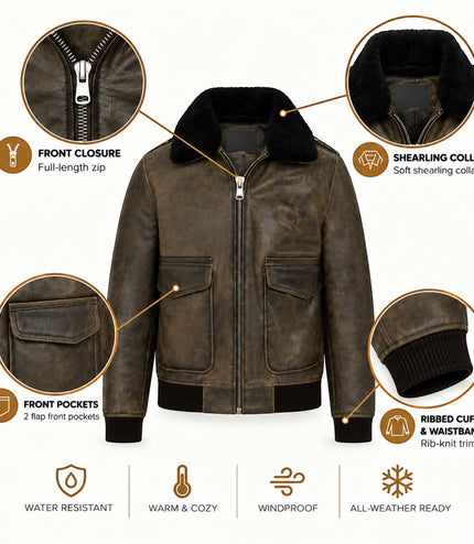 Mens Brown Leather Aviator Bomber Jacket - Lunar