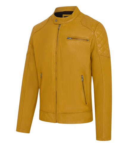 Mens Yellow Leather Quilted Shoulder Biker Jacket - Rock