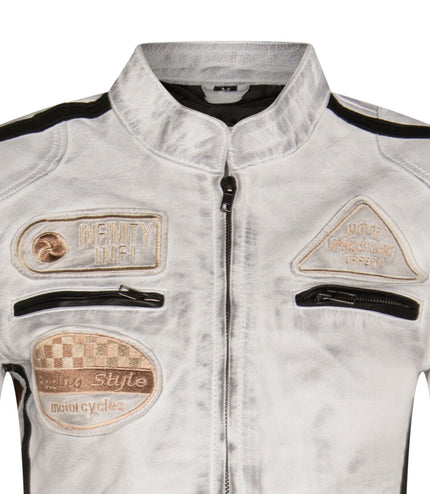 Womens Biker Racing Badges Leather Jacket-Eastleigh - Tan