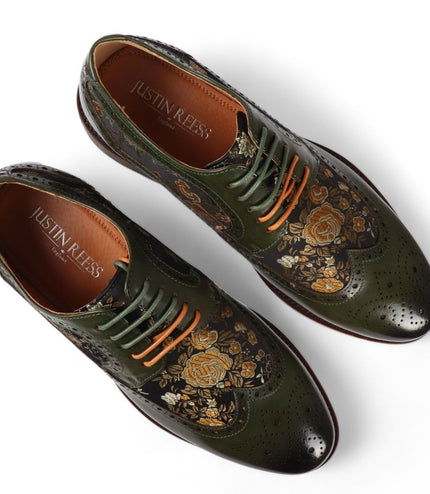 Justin Reess Men's Green Leather Floral Print Brogue Dress Shoes - Ross
