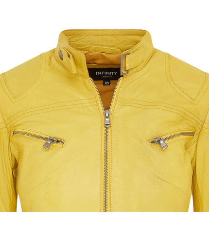 Womens Slim-Fit Leather Biker Jacket-Maldon - Yellow