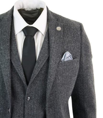 Men's 3 Piece Charcoal Grey Herringbone Tweed Suit
