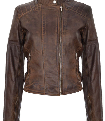 Womens Leather Biker Jacket-Celaya - Brown