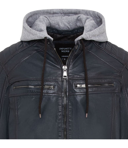 Men's Hooded Biker Lamb Leather Jacket - Burten - Navy