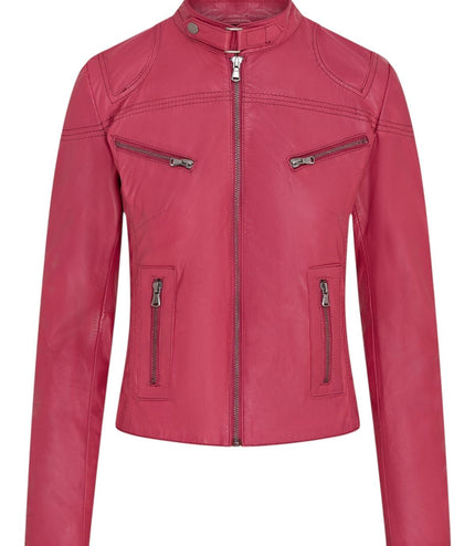 Womens Slim-Fit Leather Biker Jacket-Maldon - Fuschia