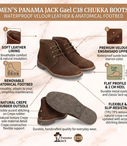 Panama Jack Men's Brown Leather Waterproof Lace-Up Desert Boots - Gael C38