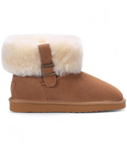 Women's Genuine Sheepskin Tan Suede Ankle Bootie Winter Boots - Granite