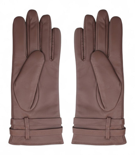 Womens Nude Beige Italian Leather Winter Buckle Soft Wool Lining Gloves - L-GLV-601