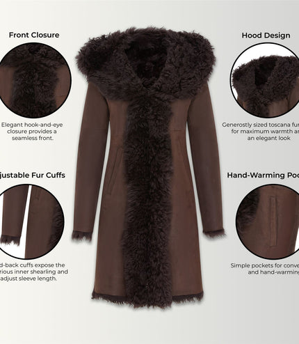Womens Brown Toscana Sheepskin Leather Hooded Trench Coat - Coast